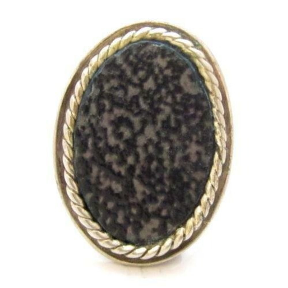Vintage Large Oval Textured Black Glass Sterling Silver 925 Gemstone Ring